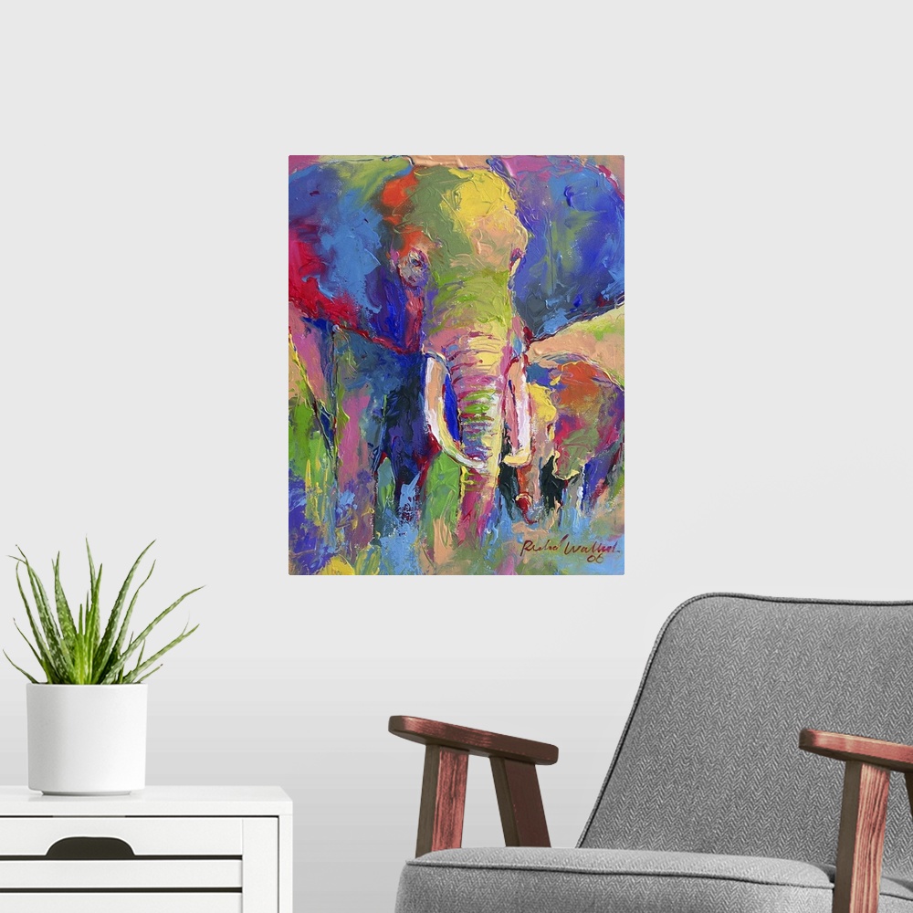 A modern room featuring Contemporary vibrant colorful painting of an elephant.