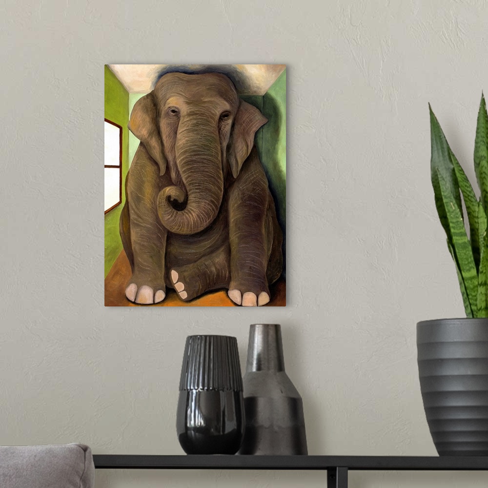 A modern room featuring Surrealist painting of a large elephant sitting in tiny room.