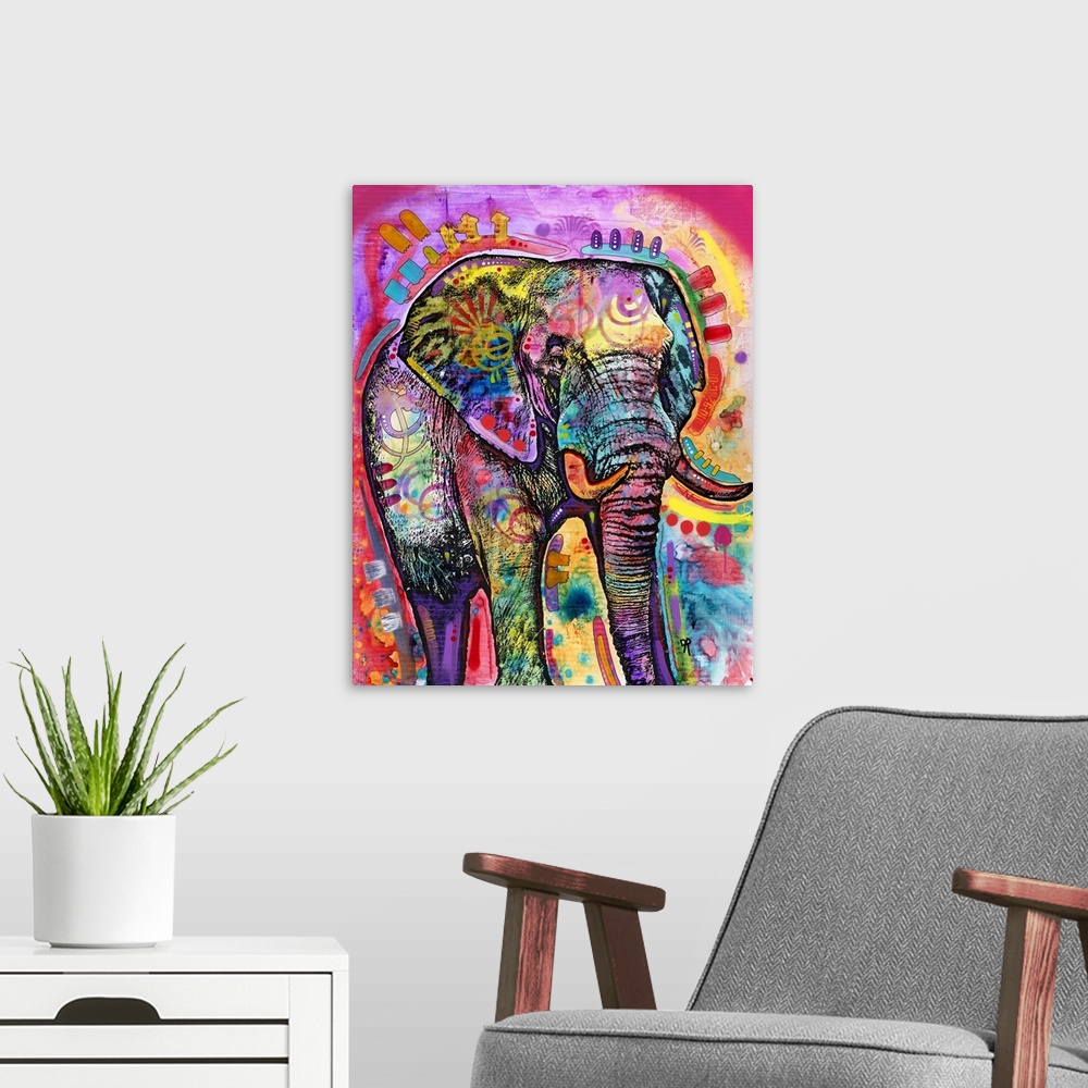 A modern room featuring Colorful illustration of a large elephant with abstract markings all over.