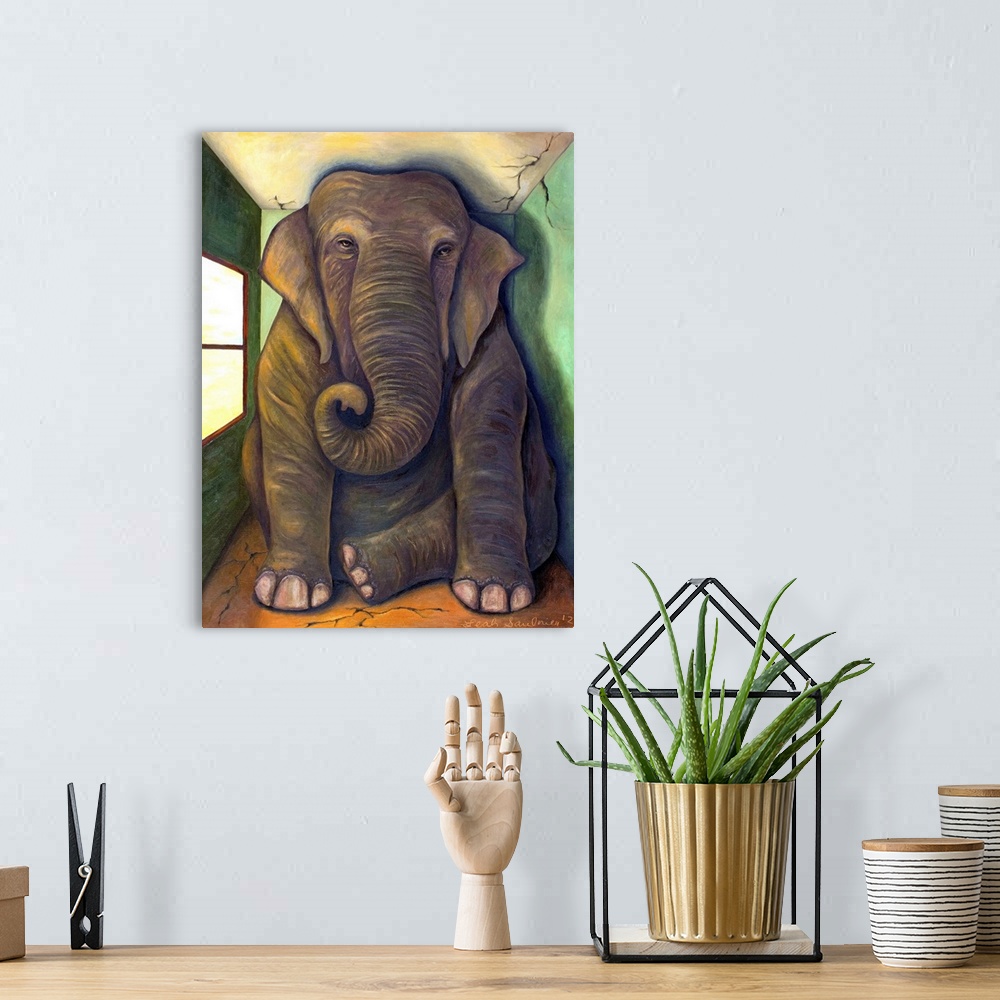 A bohemian room featuring Surrealist painting of a large elephant sitting in tiny room.