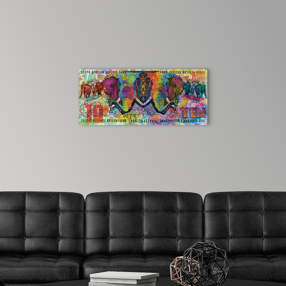 A modern room featuring Colorful illustrations of elephants on a $10 bill marked "South African Reserve Bank" with abstra...