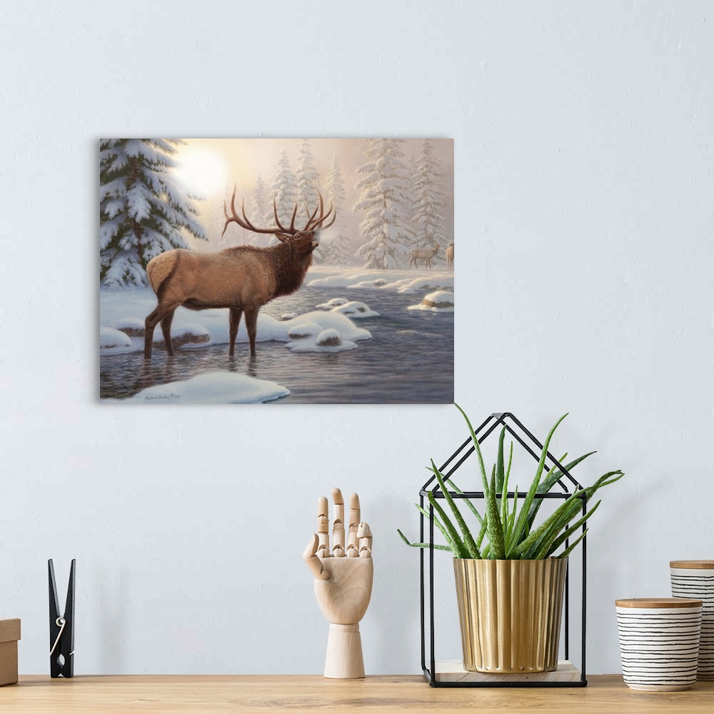 A bohemian room featuring Contemporary painting of an elk bugling into the cold air.