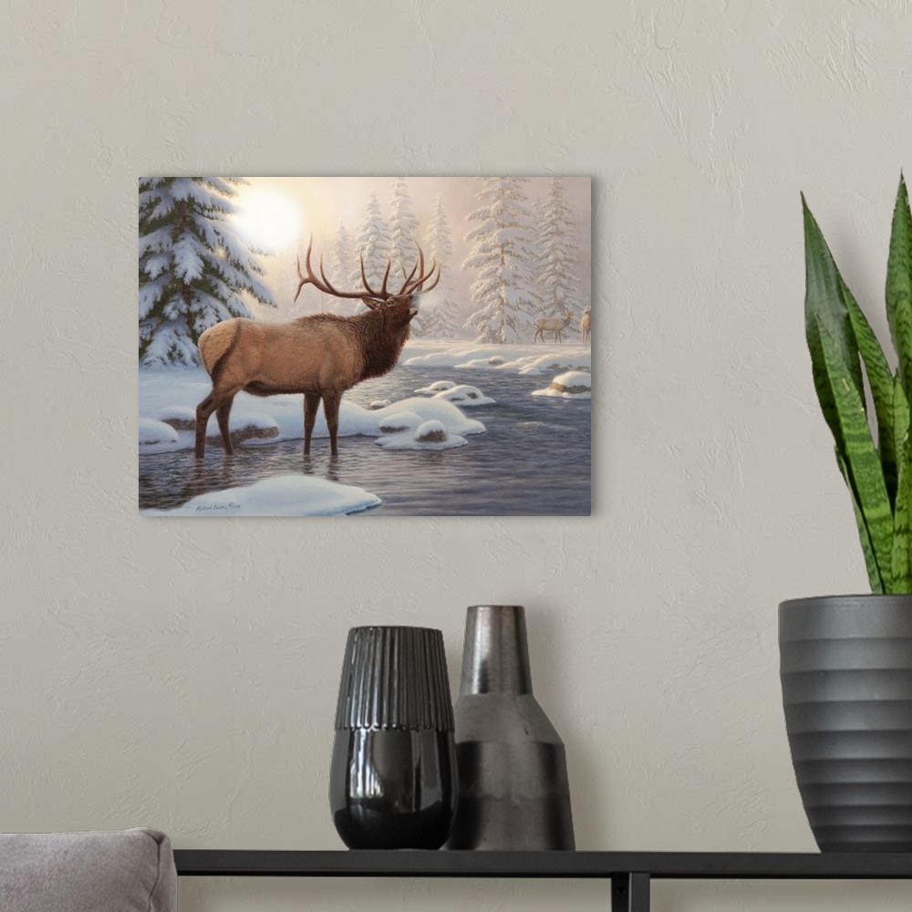 A modern room featuring Contemporary painting of an elk bugling into the cold air.