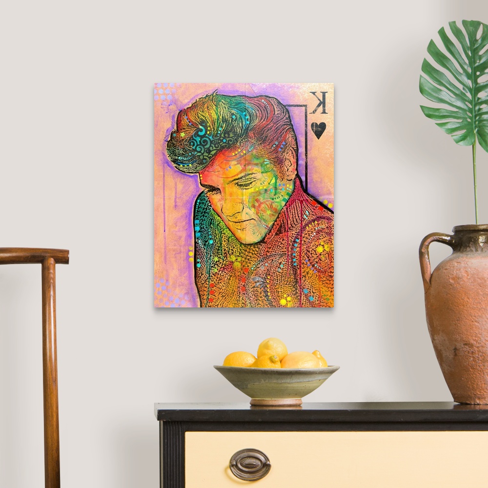 A traditional room featuring Pop art style illustration of Elvis on the King of Hearts playing card with various colors and de...