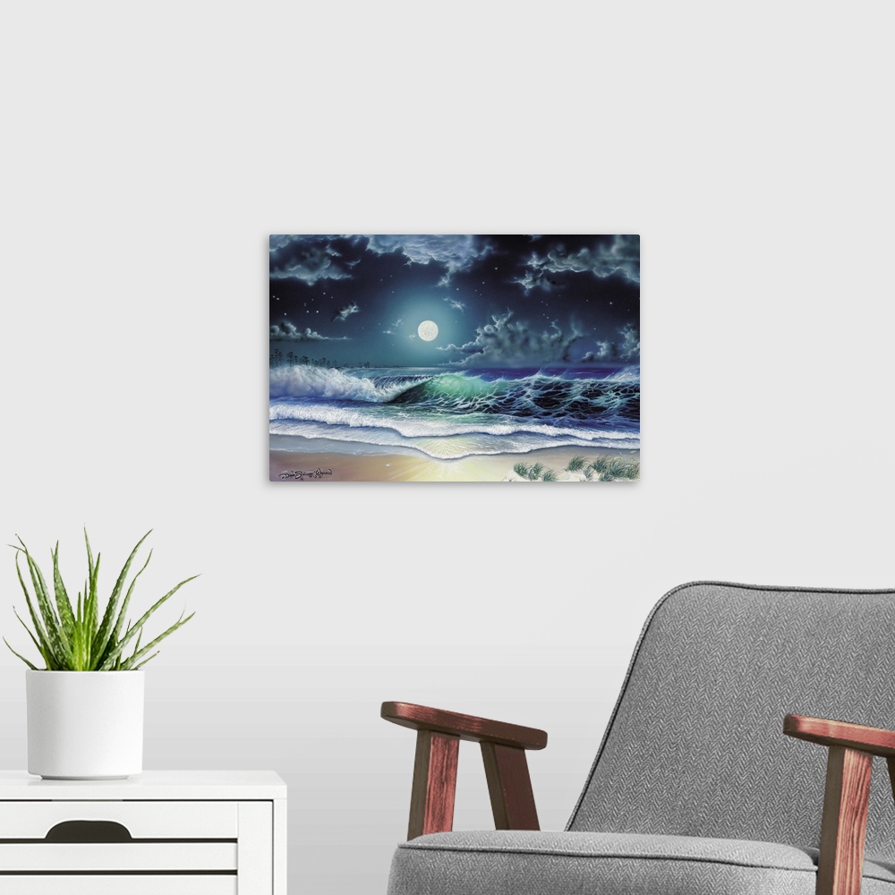 A modern room featuring Moon over the waves on the beach.