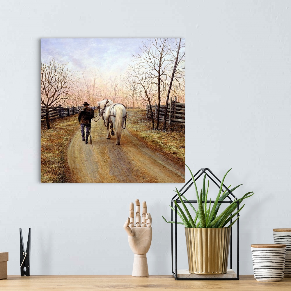 A bohemian room featuring Contemporary painting of a man walking his horse home on a dirt path.