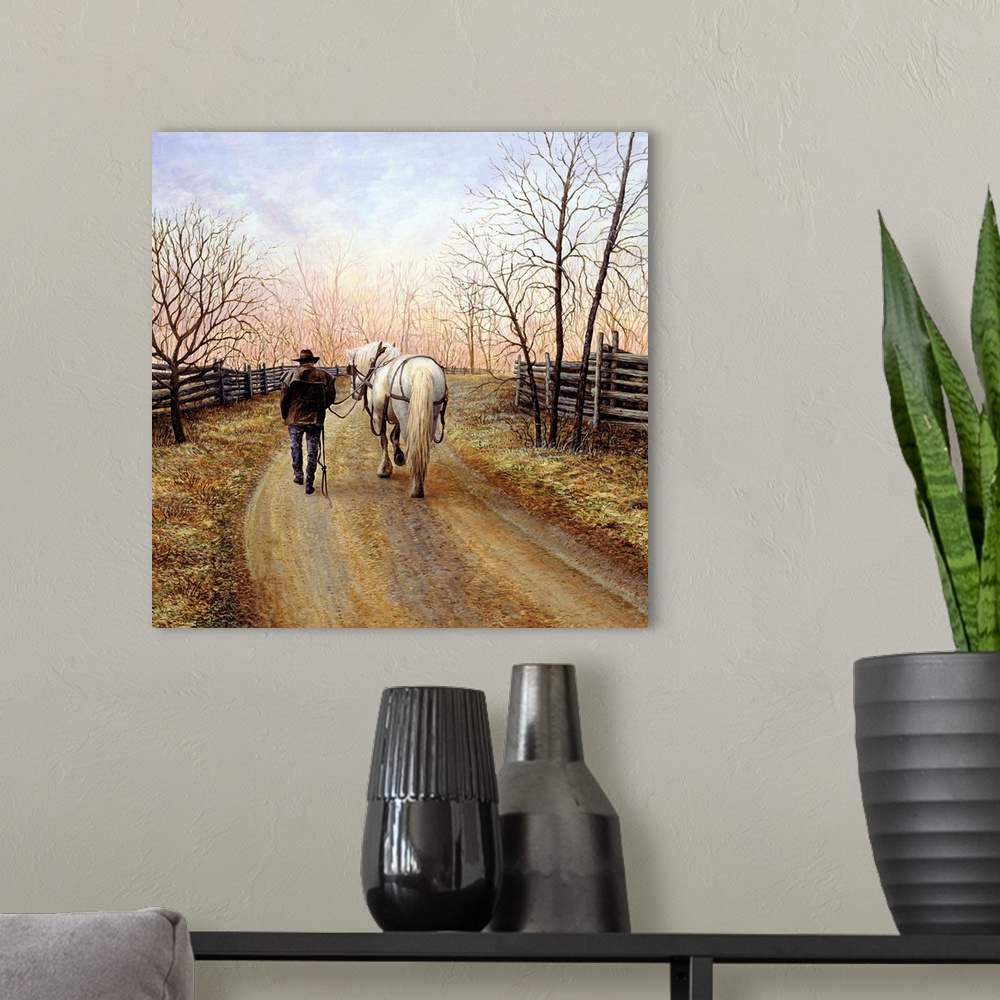 A modern room featuring Contemporary painting of a man walking his horse home on a dirt path.