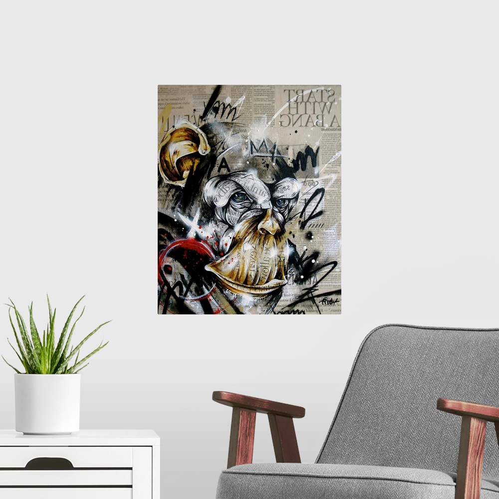 A modern room featuring Contemporary artwork with a vibrant urban art feel, using wild colors and shapes.
