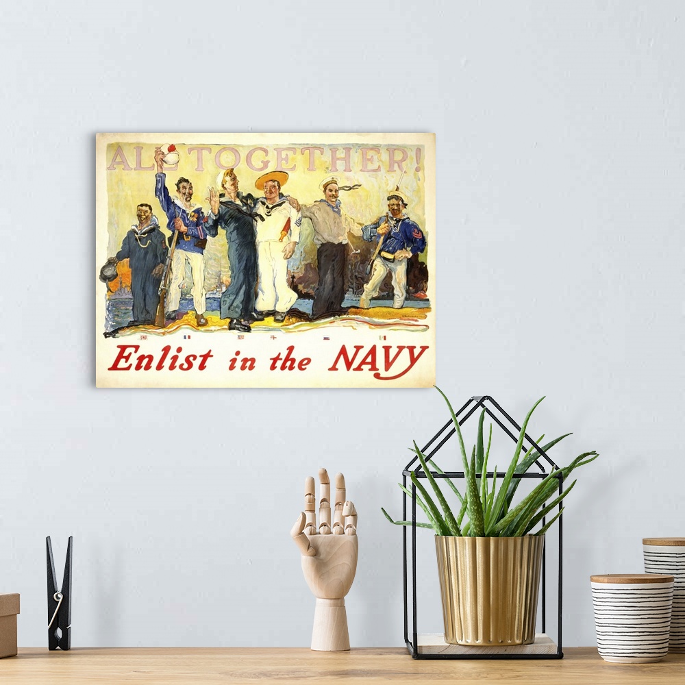 A bohemian room featuring Enlist In The Navy - Vintage Propaganda Poster