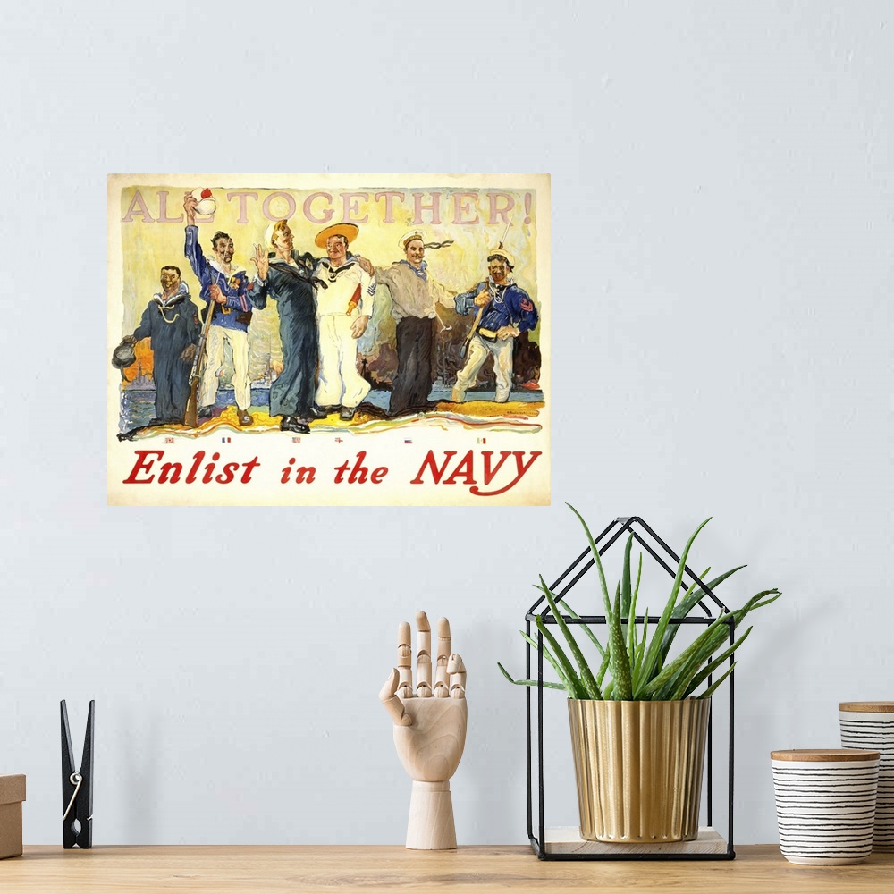 A bohemian room featuring Enlist In The Navy - Vintage Propaganda Poster