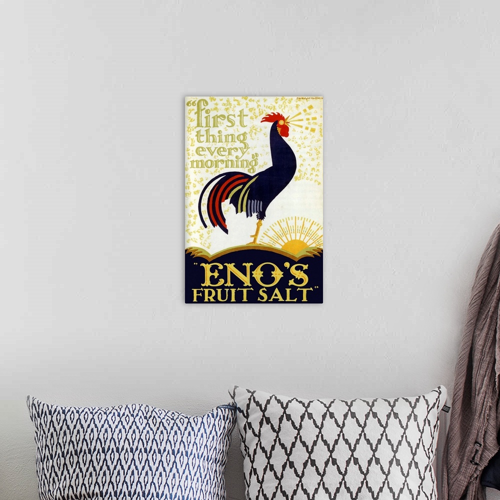 A bohemian room featuring Vintage poster advertisement for Enos Fruit Salt.