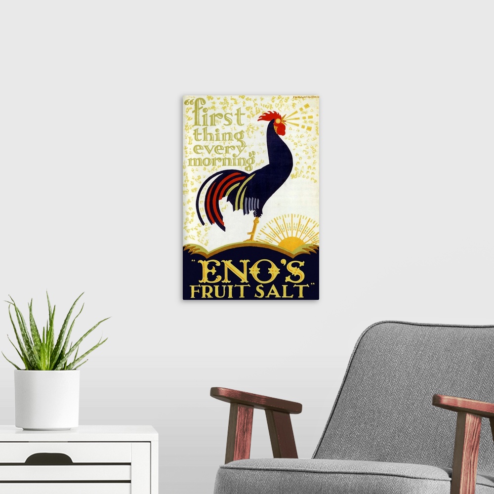 A modern room featuring Vintage poster advertisement for Enos Fruit Salt.