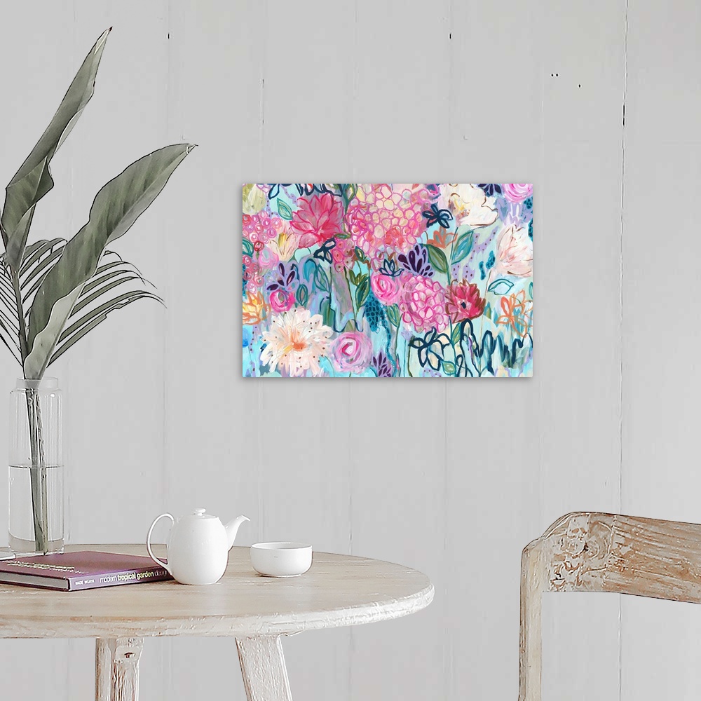 A farmhouse room featuring Contemporary painting of vibrantly colored flowers.