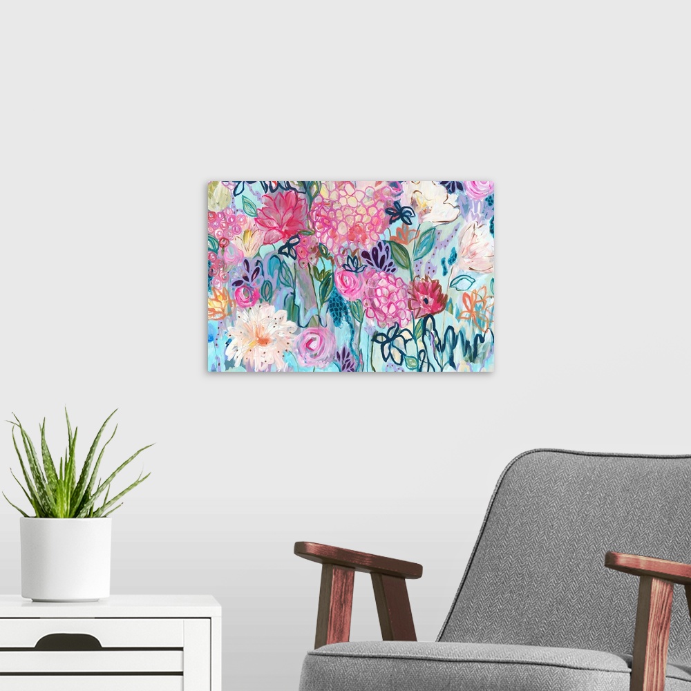 A modern room featuring Contemporary painting of vibrantly colored flowers.