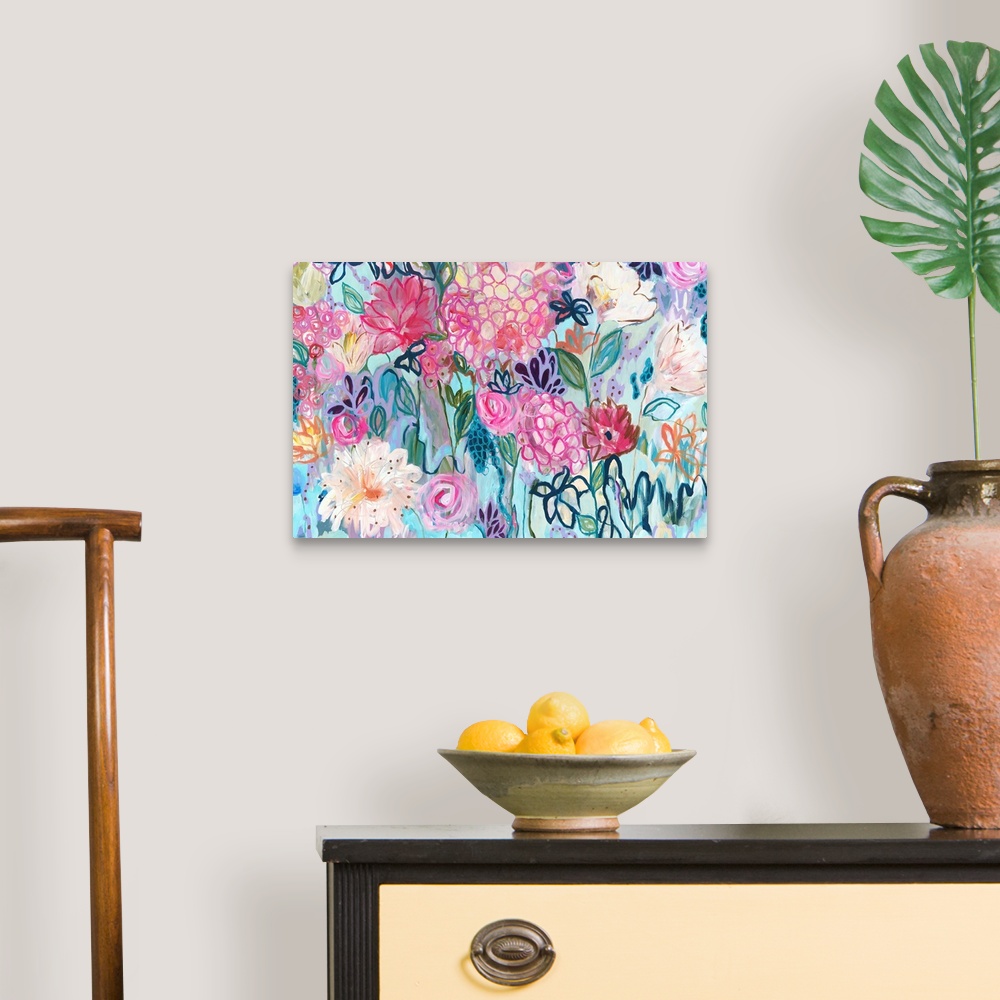 A traditional room featuring Contemporary painting of vibrantly colored flowers.