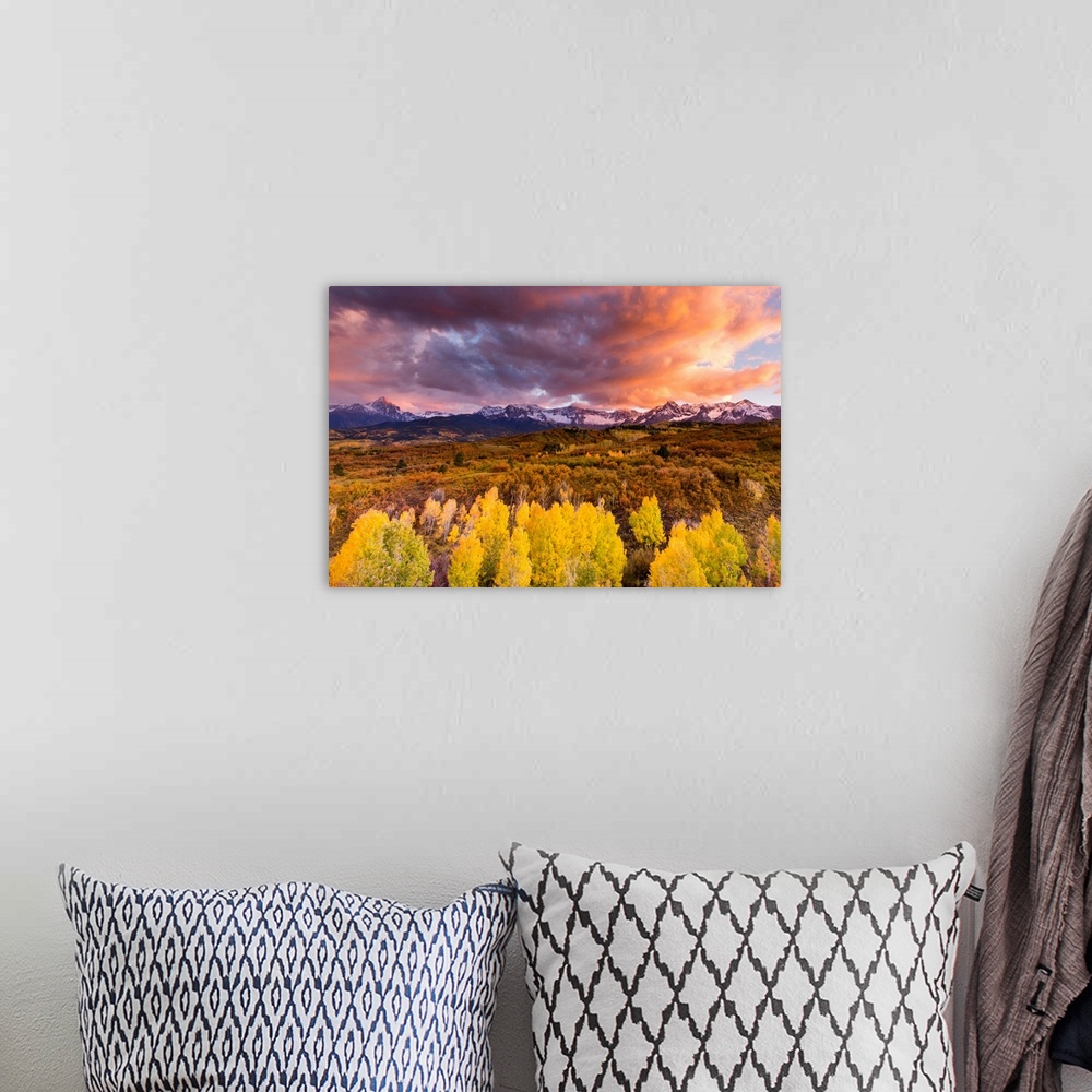 A bohemian room featuring trees, mountains, clouds, color photograph