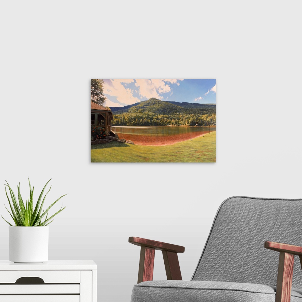 A modern room featuring Equinox Pond, Manchester Vermont, painting, mountains