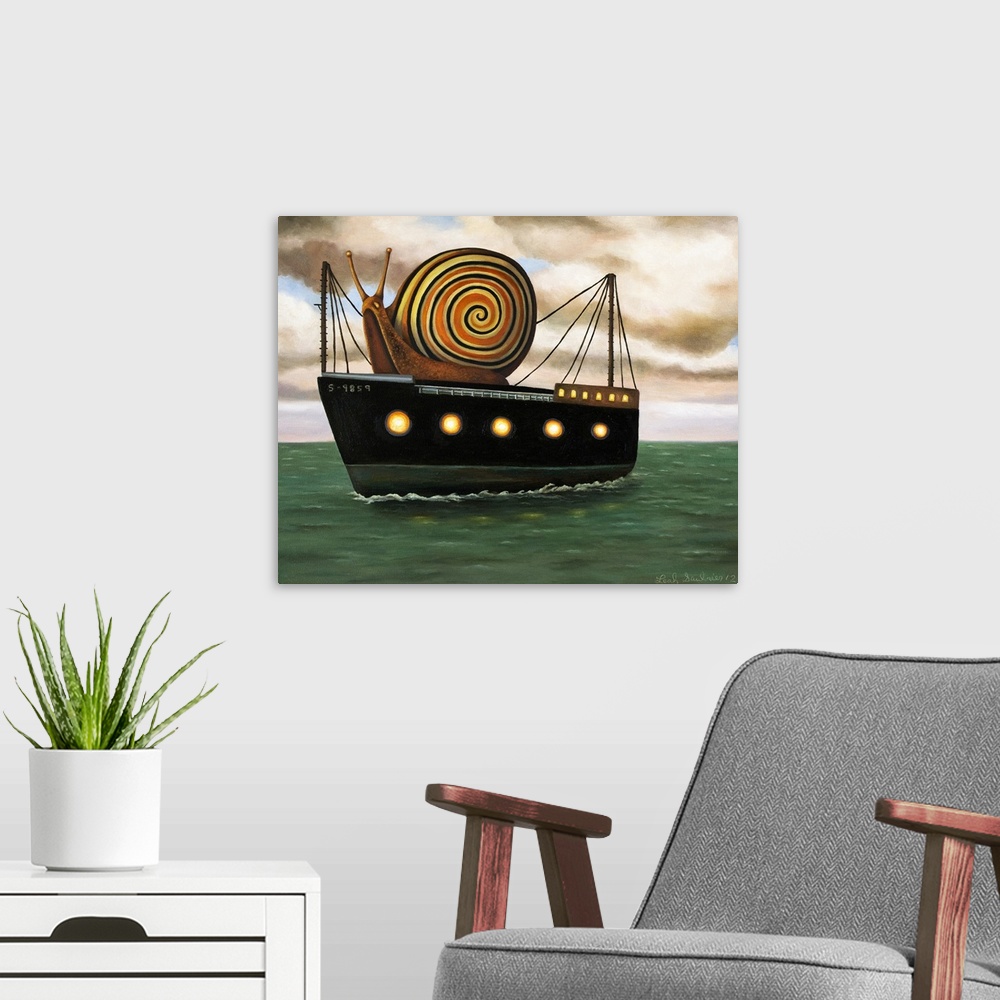 A modern room featuring Surrealist painting of a giant snail riding a cargo ship.