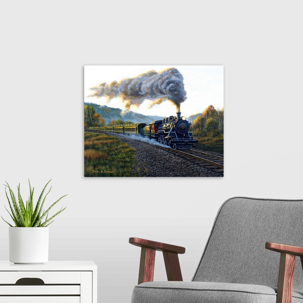 A modern room featuring Contemporary painting of a train steaming along the tracks through a field with trees