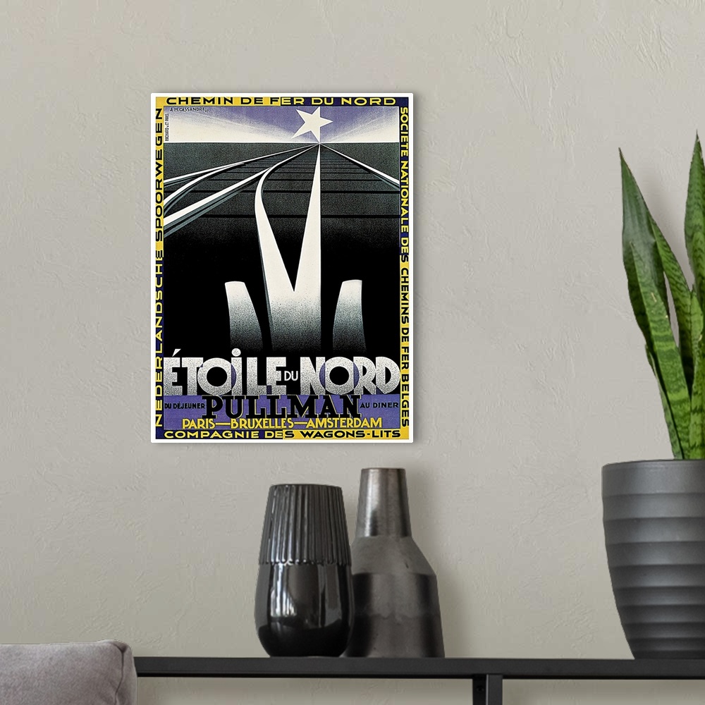 A modern room featuring Vintage advertisement artwork for Etoile du Nord rail travel.
