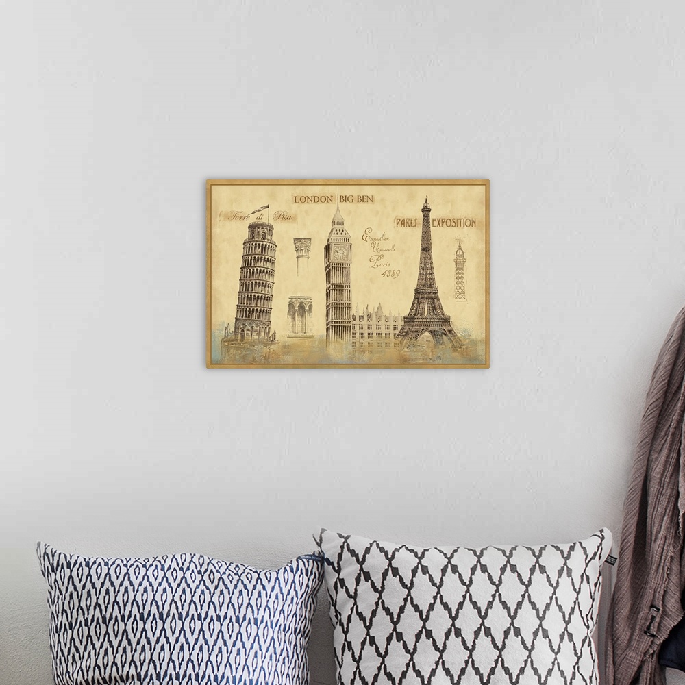 A bohemian room featuring Oversized, horizontal, vintage wall hanging of sketches of well known European Architecture, incl...