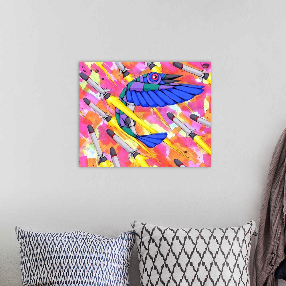 A bohemian room featuring Pop art painting of a bird dodging missiles in the air.