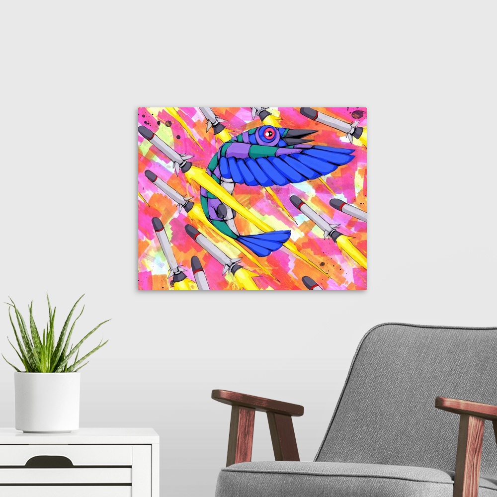 A modern room featuring Pop art painting of a bird dodging missiles in the air.