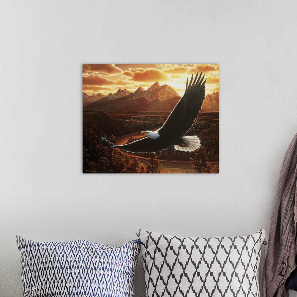 A bohemian room featuring A bald eagle flies by a mountain range at sunset.