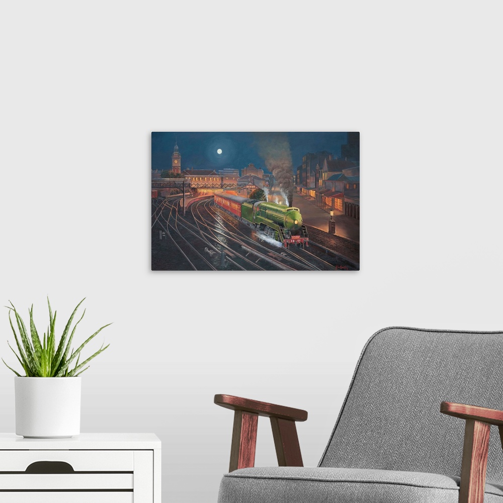 A modern room featuring Contemporary painting of a train leaving the station at night.