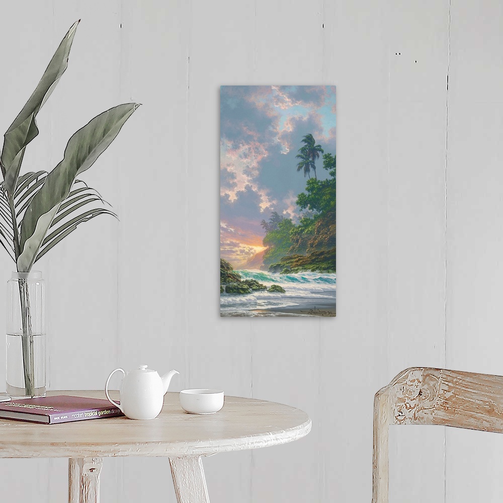 A farmhouse room featuring A scenic painting of a tropical coastal landscape at sunset.