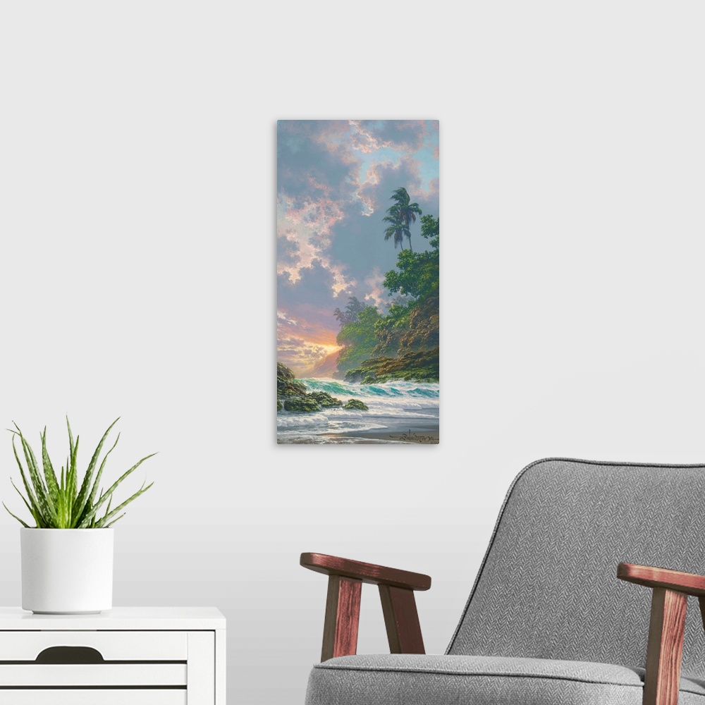 A modern room featuring A scenic painting of a tropical coastal landscape at sunset.