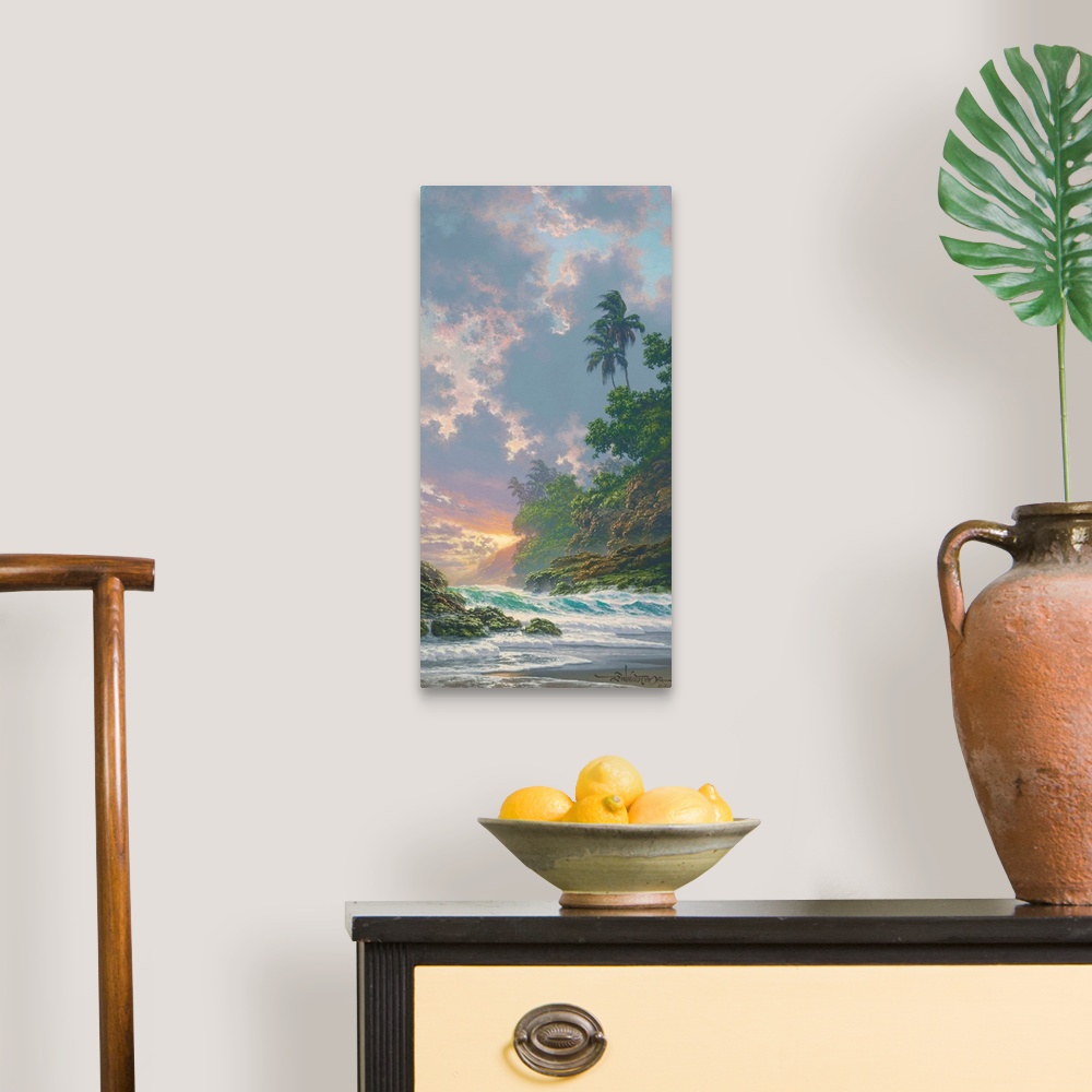 A traditional room featuring A scenic painting of a tropical coastal landscape at sunset.