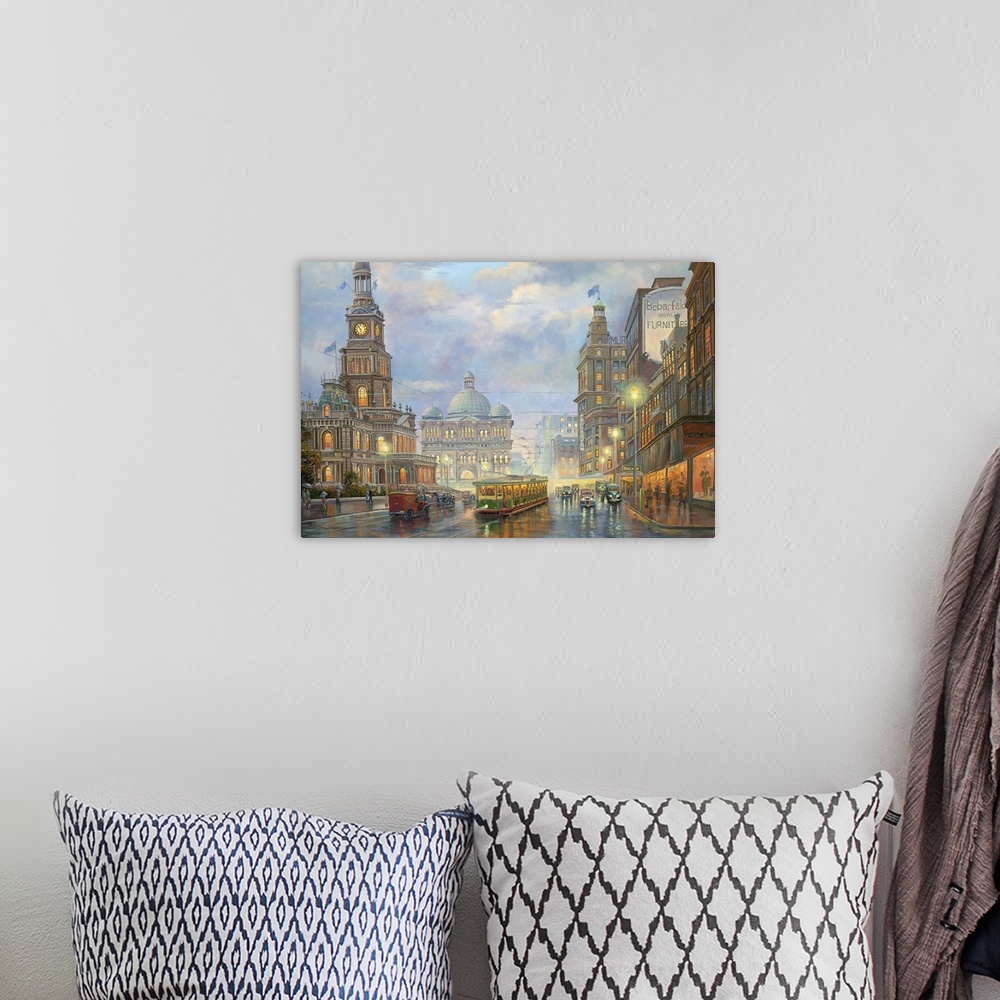 A bohemian room featuring Contemporary painting of an idyllic scene of old Sydney.