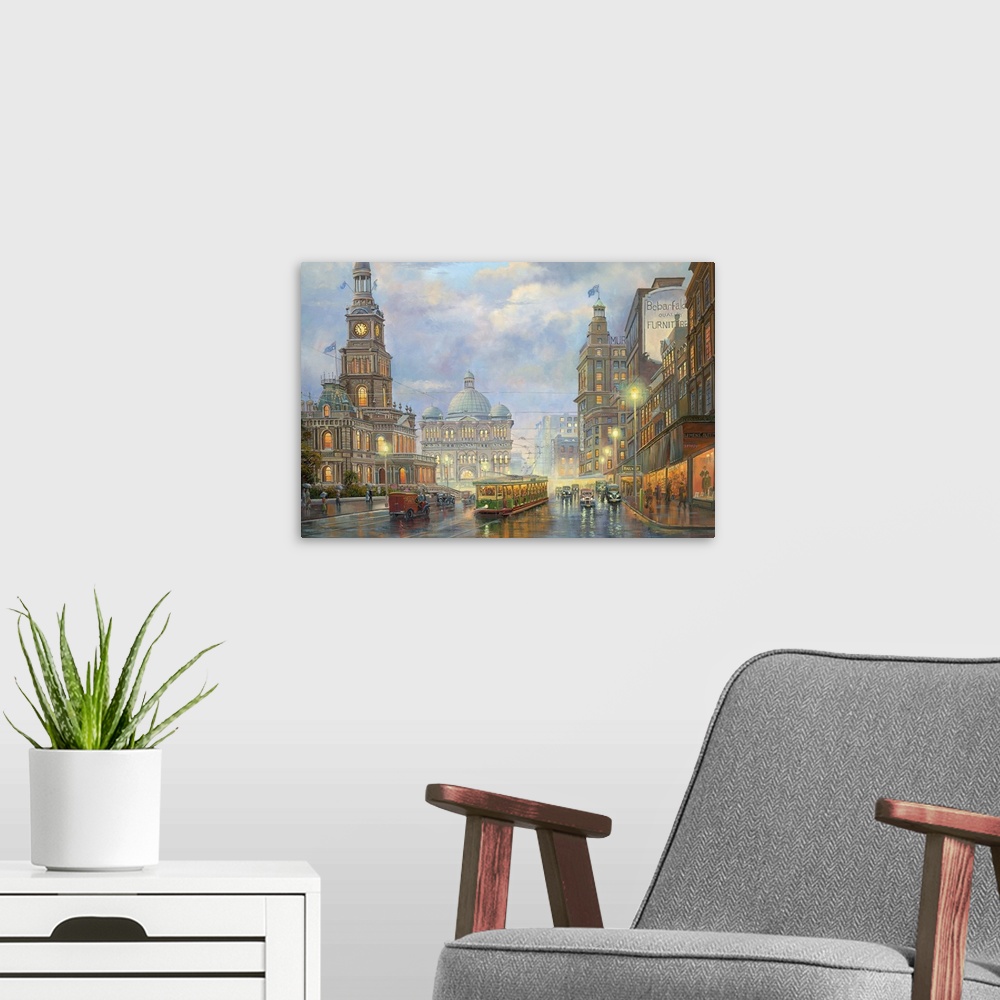 A modern room featuring Contemporary painting of an idyllic scene of old Sydney.
