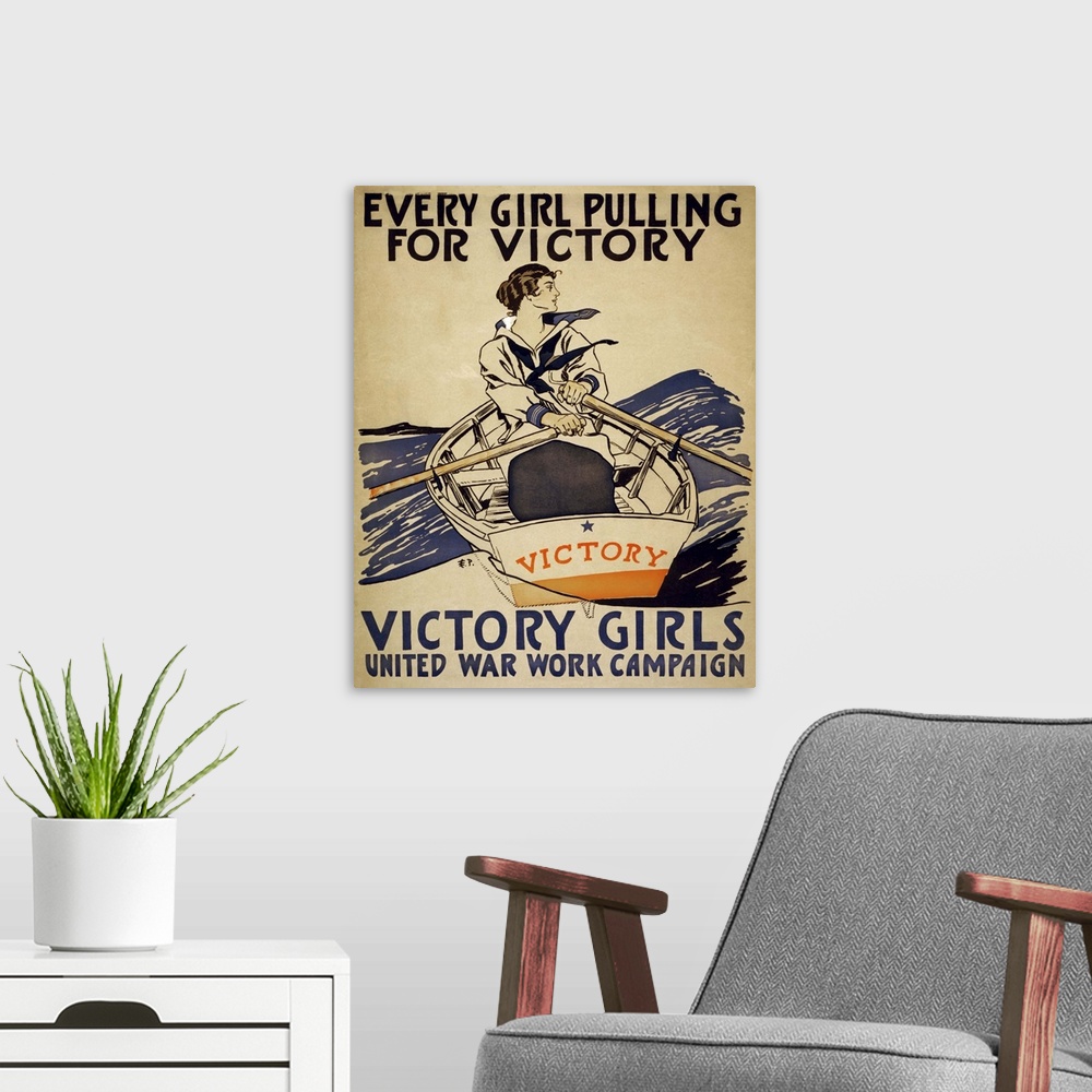 A modern room featuring Every Girl Pulling For Victory - Vintage Propaganda Poster