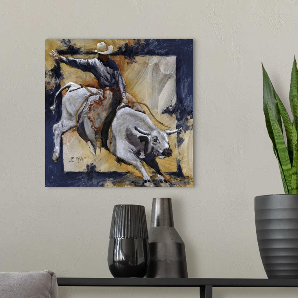 A modern room featuring Western themed contemporary painting of a cowboy riding a bucking bull.