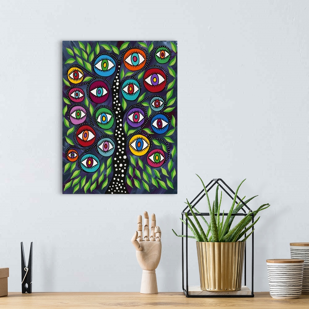 A bohemian room featuring Contemporary painting of a tree with wide eyed leaves.
