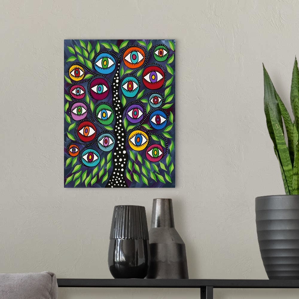 A modern room featuring Contemporary painting of a tree with wide eyed leaves.