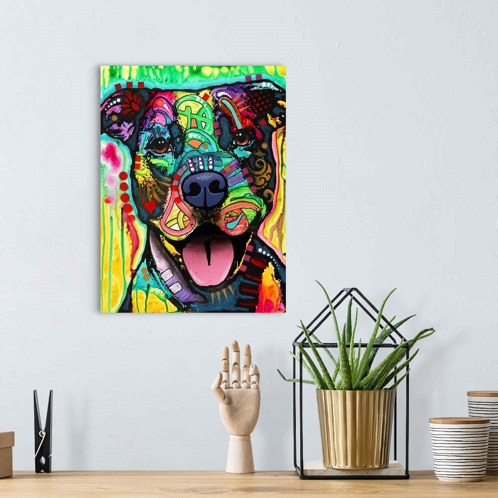A bohemian room featuring Grafitti-style portrait of a pitbull dog in bright primary colors and Dean Russo's signature style