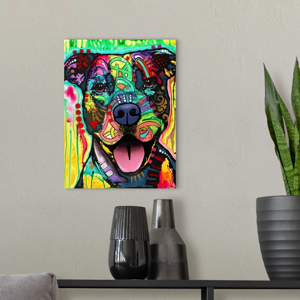A modern room featuring Grafitti-style portrait of a pitbull dog in bright primary colors and Dean Russo's signature style