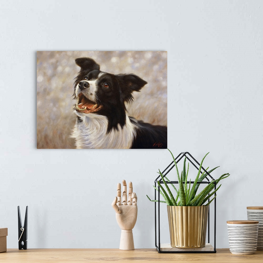 A bohemian room featuring Contemporary painting of a black and white shepherd dog.