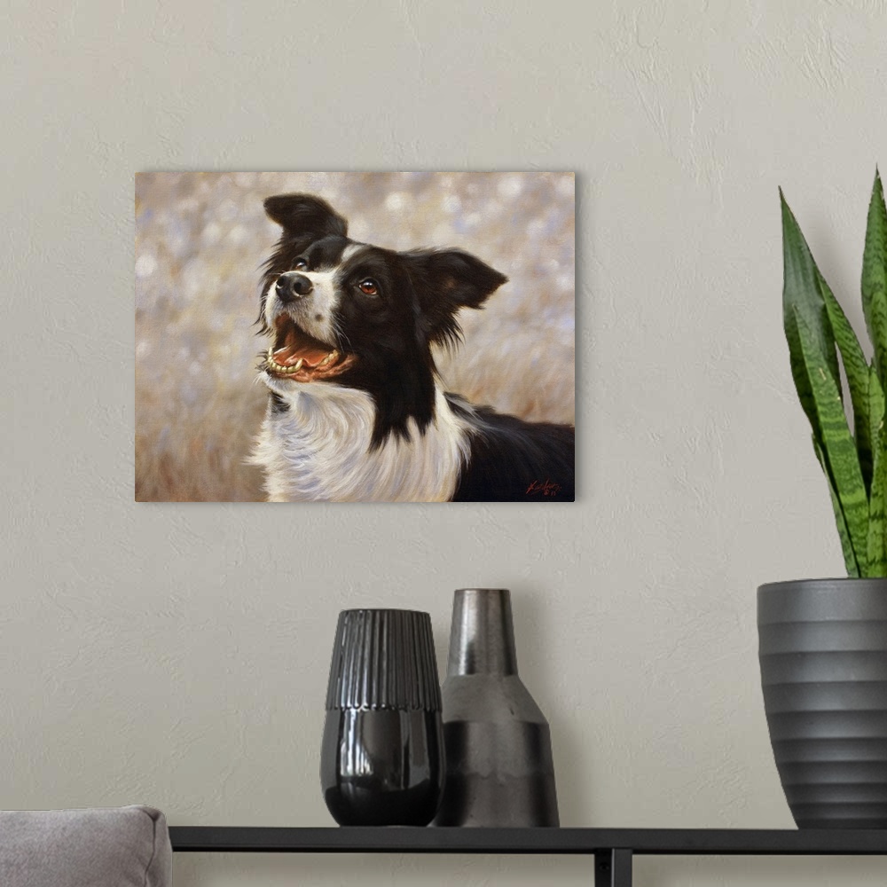 A modern room featuring Contemporary painting of a black and white shepherd dog.