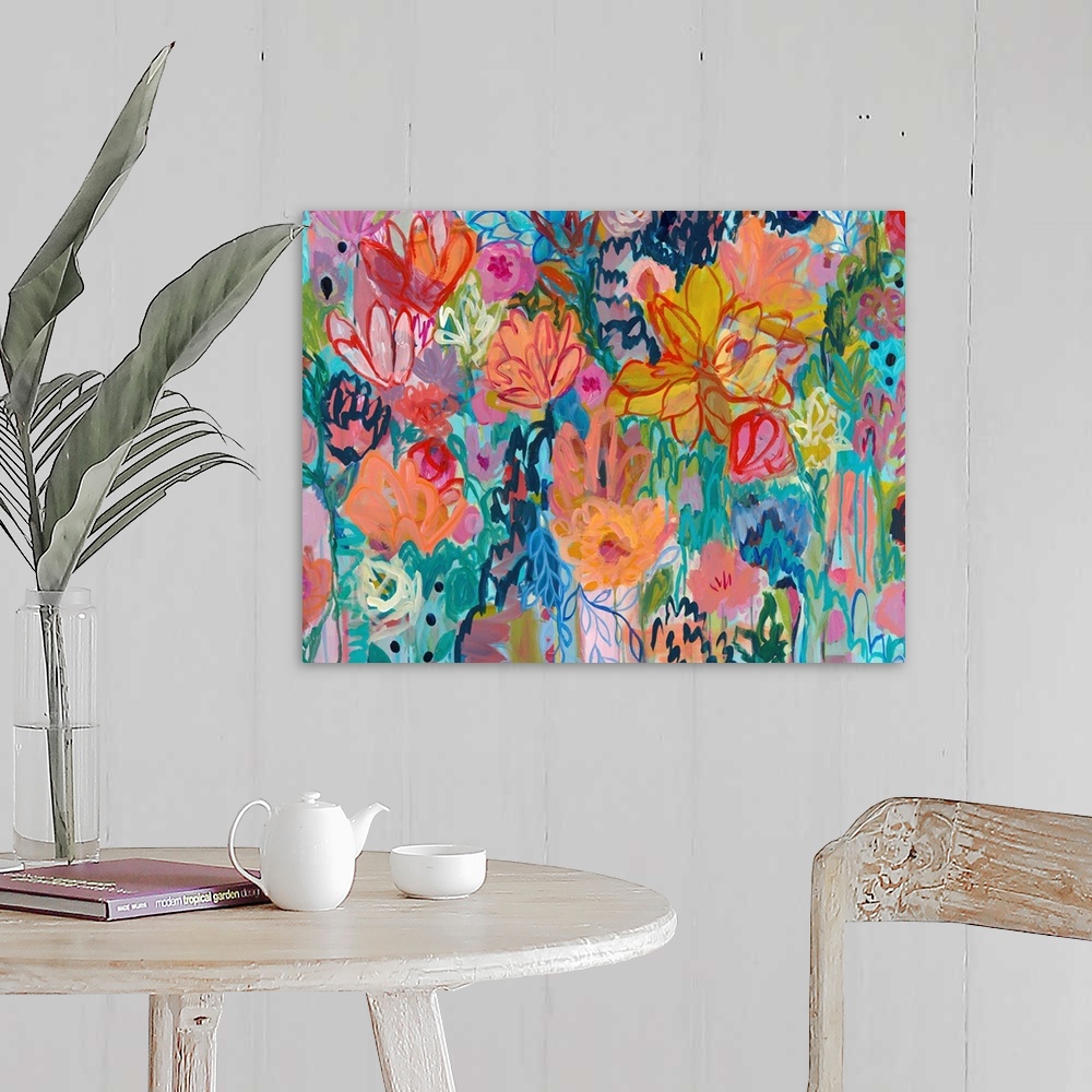 A farmhouse room featuring Contemporary painting of vibrantly colored flowers.