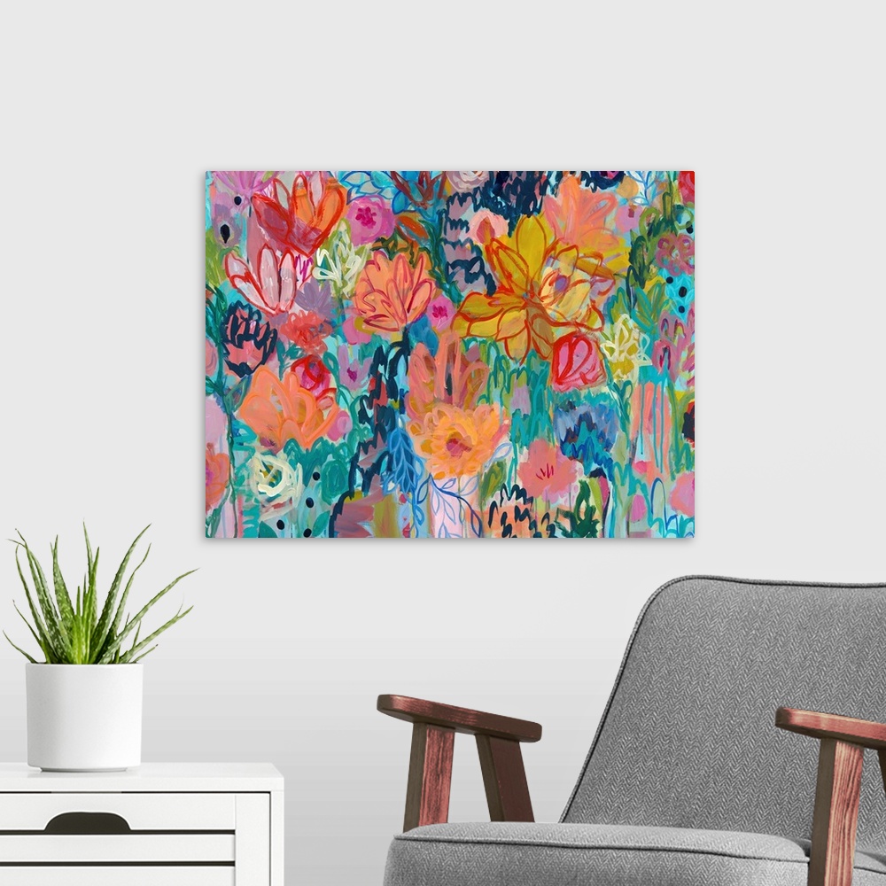 A modern room featuring Contemporary painting of vibrantly colored flowers.