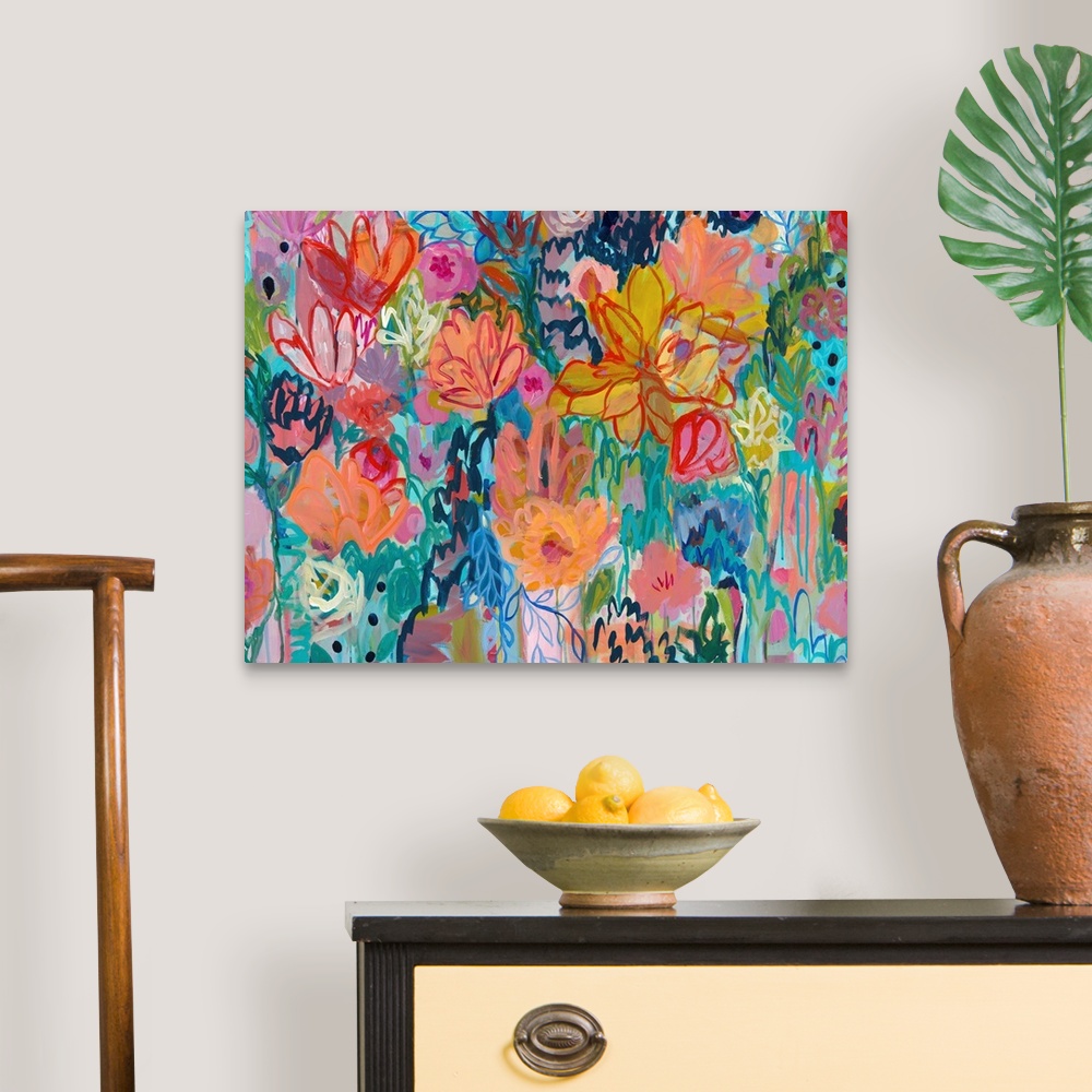 A traditional room featuring Contemporary painting of vibrantly colored flowers.
