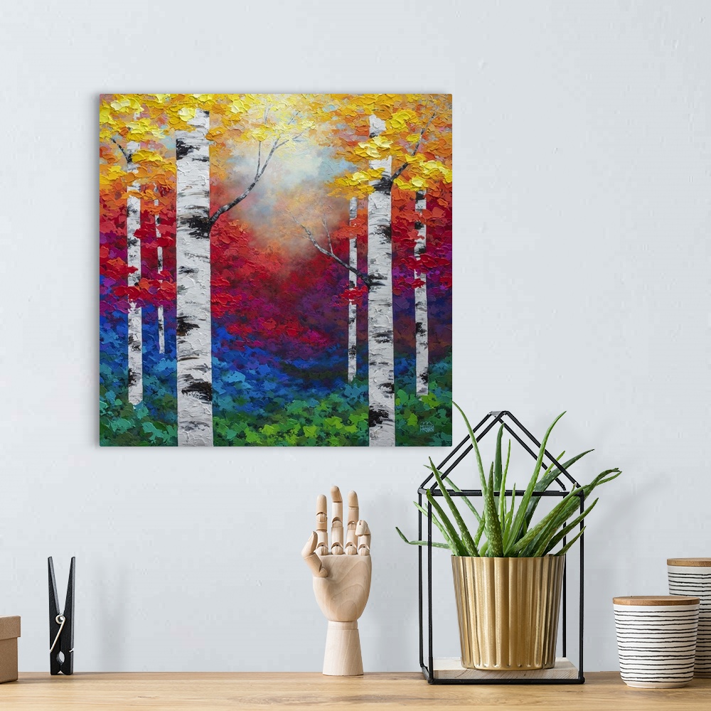 A bohemian room featuring Colorful autumn forest landscape painting of aspen trees and birch trees in the fall Giclee art p...