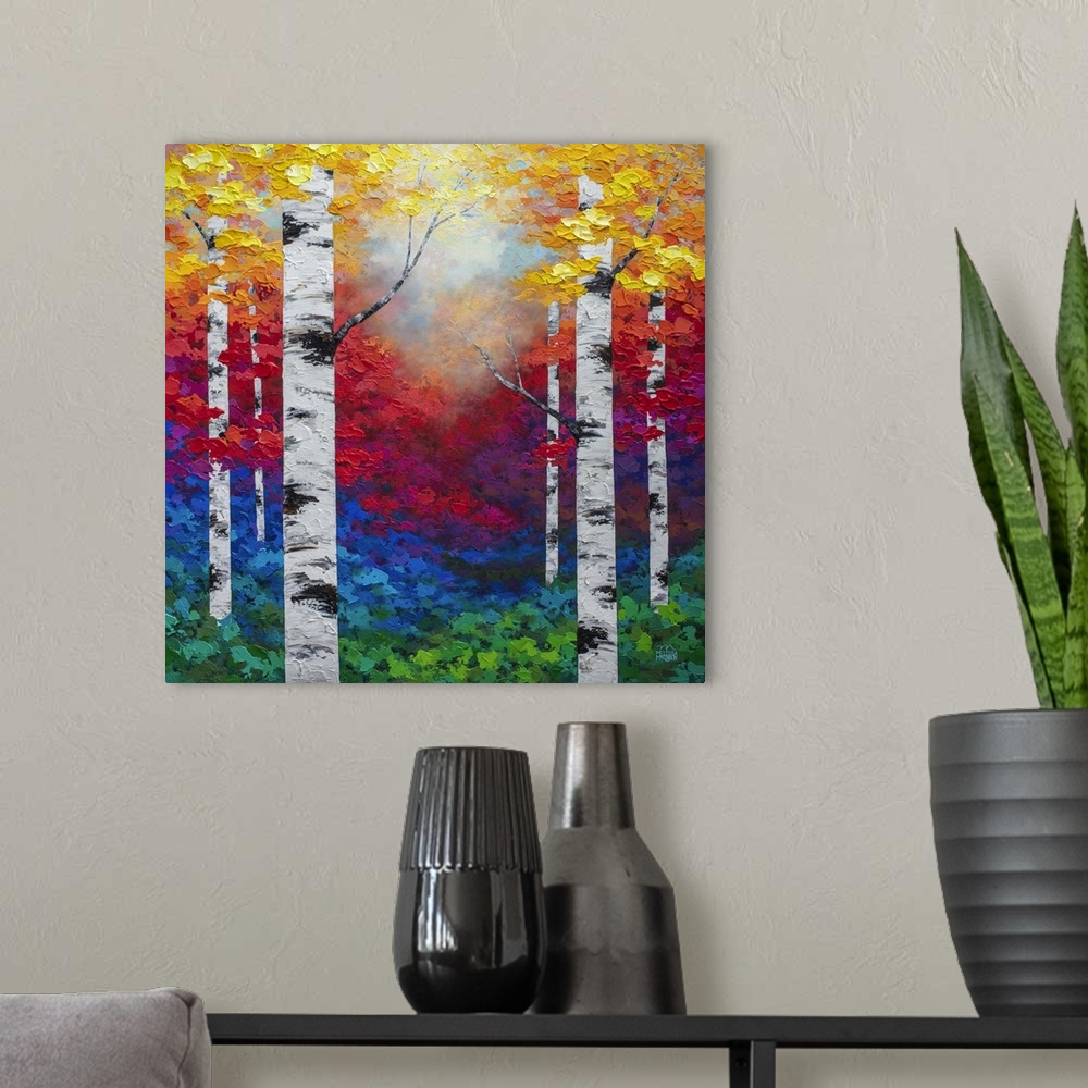 A modern room featuring Colorful autumn forest landscape painting of aspen trees and birch trees in the fall Giclee art p...