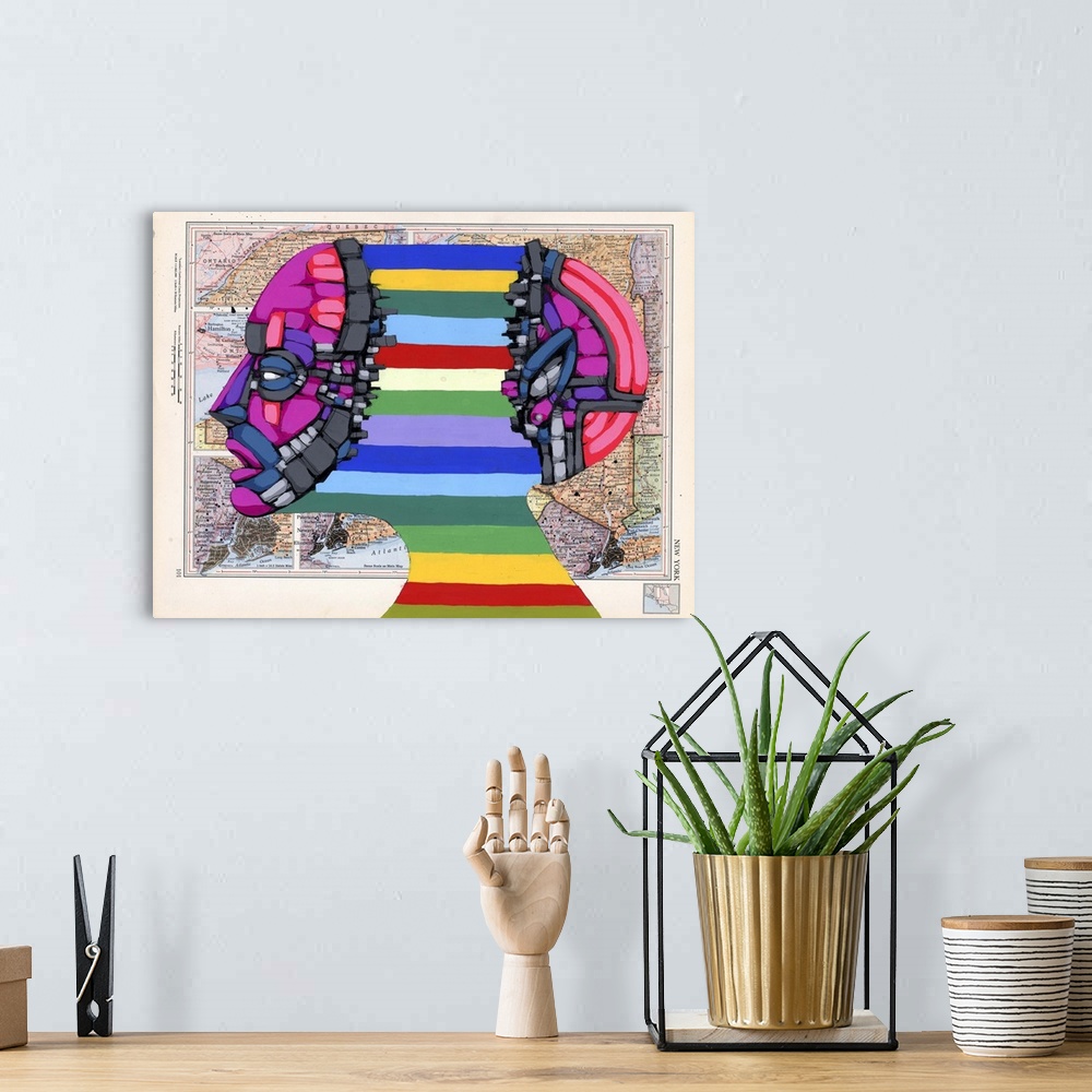 A bohemian room featuring Pop art painting of a head pushed apart by rainbow stripes.