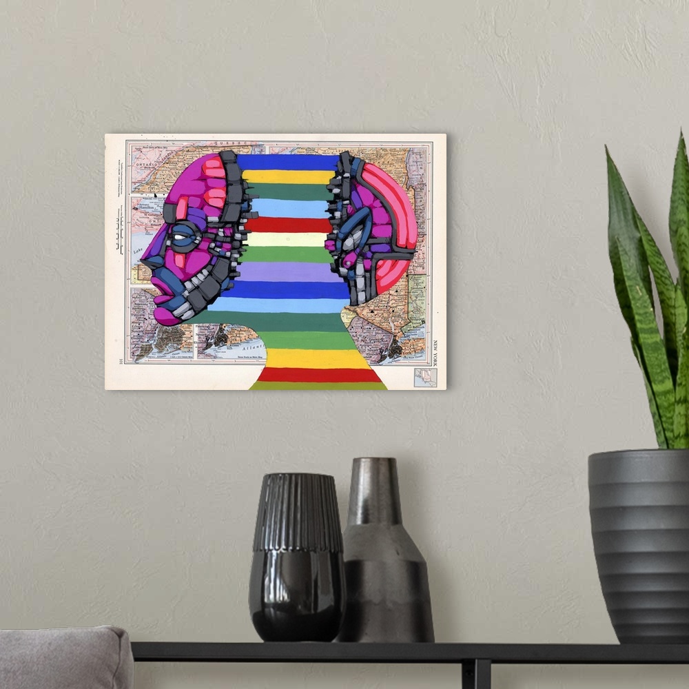 A modern room featuring Pop art painting of a head pushed apart by rainbow stripes.