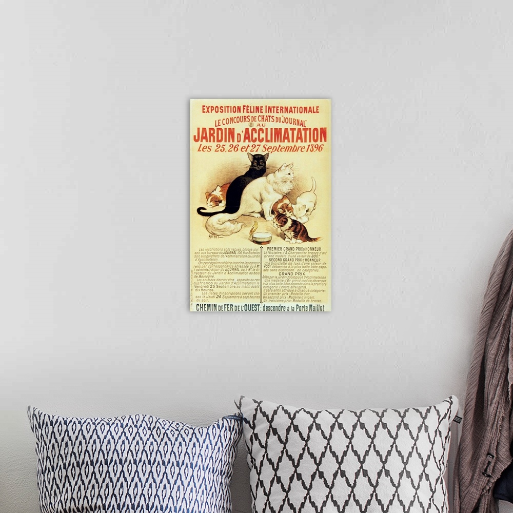 A bohemian room featuring Vintage poster advertisement for Exposition Feline.